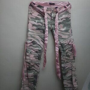 Junior size 11,  Cargo pants.  Pink camouflage print with a tie belt